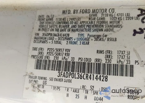 2012 Ford Fusion Hybrid z USA, uszkodzony, nr VIN 3FADP0L36CR414428